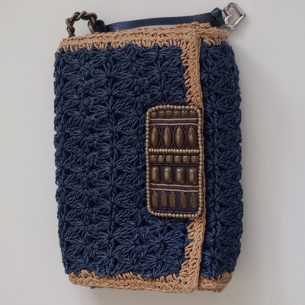 $$DROP!!  Brighton Beaded Navy & Tan purse. 49" Strap